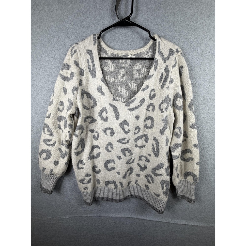Maurices Sweater Womens Large Beige Leopard Print Crewneck Stretch Knit Pullover